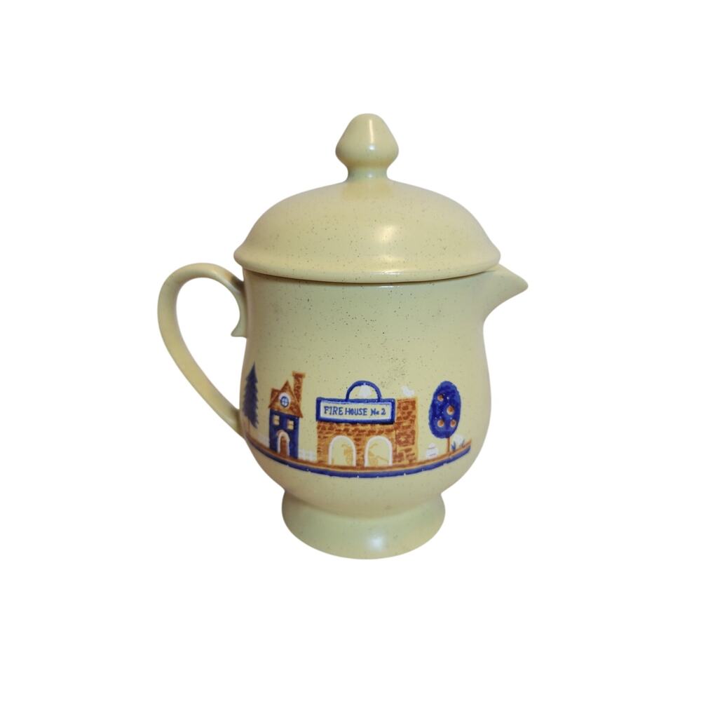 Vintage stoneware coffee cream pourer Firehouse No 2 countryside scene with lid